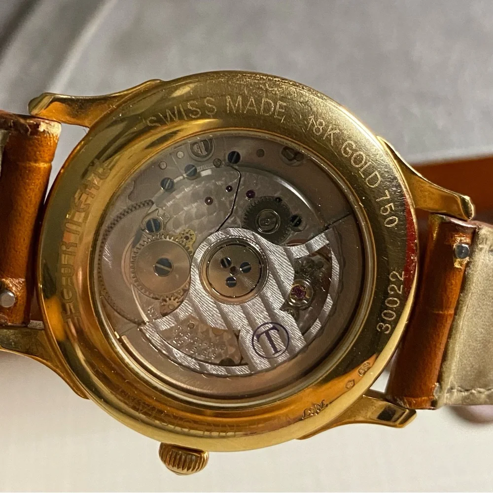 Tourneau 18K Gold Open Heart Brown Leather Watch Vintage 30022